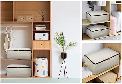 Image of TAKIVA Cotton Canvas Foldable Bed Storage Organizer Pack Of 2 | Quilt Storage Bags Big Size, Blanket Storage Of Extra Large, Underbed Storage Bag For Clothes (60 X 45 X 22 Cm), Off-White