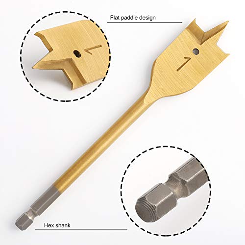Comoware Spade Drill Bit Set- Paddle Flat Bits, Hole Cutter, Titanium Coating, Carbon Steel, Woodworking, 6-Pieces, 3/8"-1" #TOP1