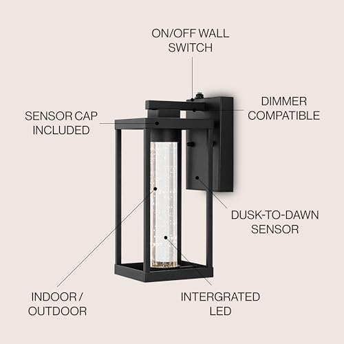 JONATHAN Y 4.75" Black 1-Light Iron and Seeded Glass Outdoor Sconce, Dusk-to-Dawn Sensor Industrial Vintage Wall Lantern for Entryway, Modern Farmhouse, Integrated LED JYL2406A by JONATHAN Y - Image 2