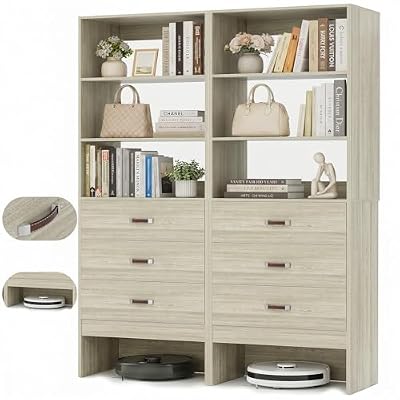 Armocity 4FT Closet System with Leather Handles, 48" Walk-in Closets Storage Unit with Cabinet, Wood Wardrobe Closet Organizer and Storage with 6 Drawers, Set of 2, White Oak