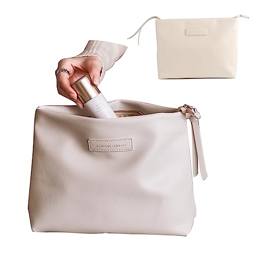 BAKLUCK Travel Makeup Bag - Cream Puffer Large Capacity Cosmetic Bag for Women Girls Skincare Care with Compartments, White Makeup Bag for Organizing Beauty Essentials