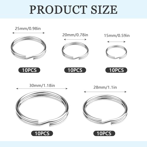 50 Stück Edelstahl Schlüsselringe, 30/28/25/20/15mm, Glatte Oberfläche Schlüssel Ringe, für DIY Handwerk Anhänger, Haustier Namensschilder und Glocken
