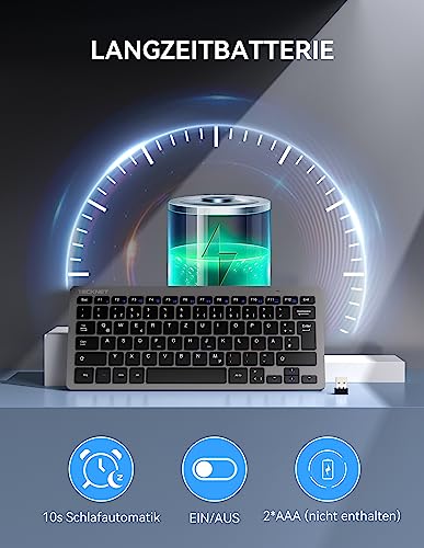 TECKNET Slim Kabellose Tastatur, Deutsches Layout QWERTZ, 2.4 GHz, 78 Tasten Mini Wireless Tastatur mit Nano USB Empfänger für Windows 11/10/8/7/Vista/XP and Android Smart TV - Grau 4