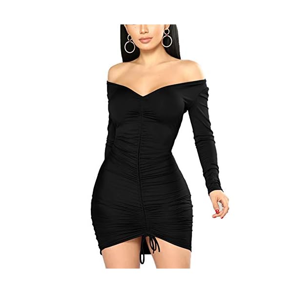 XXTAXN-Womens-Sexy-Elegant-Long-Sleeve-Off-The-Shoulder-Ruched-Mini-Dress XXTAXN Women's Sexy Elegant Long Sleeve Off The Shoulder Ruched Mini Dress Black