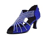 TDA Womens Zipper Flared Heel Royal Blue Satin Crystals Latin Modern Salsa Tango Ballroom Wedding Dance Shoes 9 M US