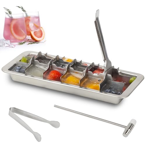Image of KAYCROWN 18/8 Stainless Steel Ice Cube Tray, 18 Slot Metal Ice Cube Tray with Easy Release Handle for Making Various Large Ice Cubes, Removable Slots for Easy Ice Cube Removal (Tweezers & Hammer)