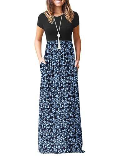 Image of MISFAY Women's Short Sleeve Maxi Dresses Long Casual Dresses with Pockets | Empire Elastic Waist, Crew Neck, Floor Length, Strentchy Flowy A Line Fit, Loose Plain Summer Outfits, Vacation Wear