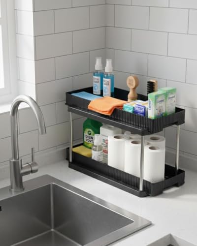 Image of JD Fresh Pack of 1 Under Sink Storage Organizer /Pull Out Cabinet Storage with Hooks & Hanging Cup /2 Tier Plastic Organiser Rack and Sliding Shelf Basket (Black)