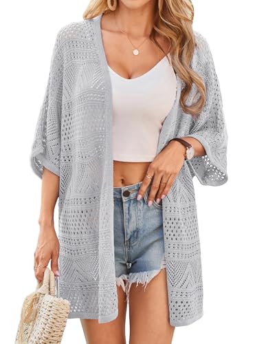 Image of GRACE KARIN Women Lightweight Summer Cardigan Crochet Knit Kimono Sweaters | Lightweight Crochet Knit Fabric, Short-sleeve Open-front Oversized Kimono, Ideal Casual Outerwear for Summer Daily Wear