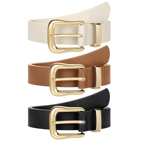 LEACOOLKEY 3 Pack Women's Fashion Belts for Jeans Pants Ladies Casual Leather Waist Belts with Alloy Buckle