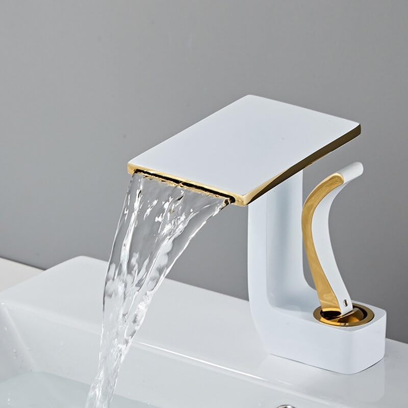 Robinetterie d'évier de salle de bain cascade mitigeur eau chaude et froide en laiton blanc or