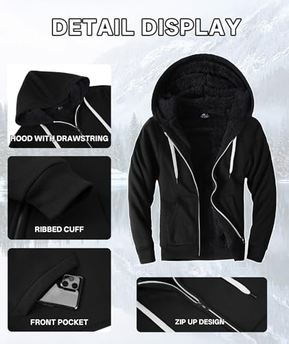 Image of V VALANCH Men Hoodies Zip Up Sherpa Lined Sweatshirts Heavyweight Thick Warm Fleece Winter Jacket