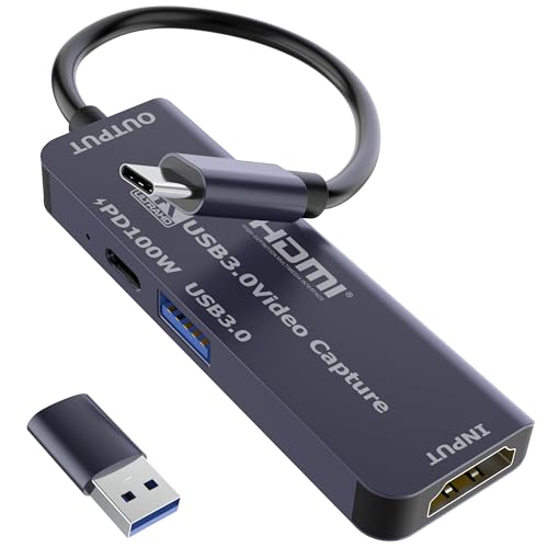 USB 3.0 Video Capture Card with PD 100W, Recording 4K, 1080P 60FPS, HDMI to USB-A/USB-C Capture Card with USB 3.0 Port for Quest 3, Switch, PS5/4, Camera, Xbox, Tablet PC