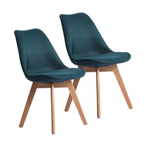 EGGREE Lot de 2 Chaises Salle à Manger Scandinaves en Lin,Chaises de Cuisine Tulip avec Rembourrée,Pieds en Bois de Chêne Massif,Bleu