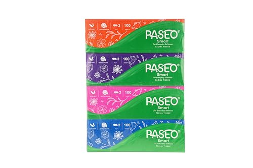 Image of PASEO Smart 2 Ply Facial Tissue Box | Packf of 4, 100 Pulls, 800 Sheets | Ultra Soft And Highly Absorbent | 100% Virgin & OBA Free | Car Tissue, Home, Bathroom & Office Use