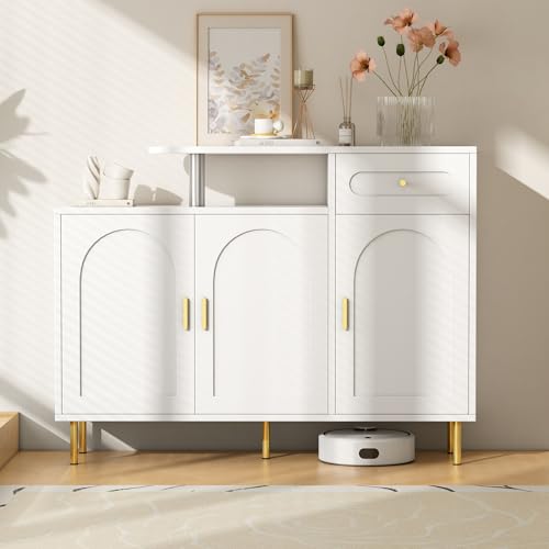 PUGSDRLY Commode avec 1 Tiroir et 3 Portes 120x35x92cm, Meuble à Chaussures avec Poignées et Pieds en Métal, Blanc