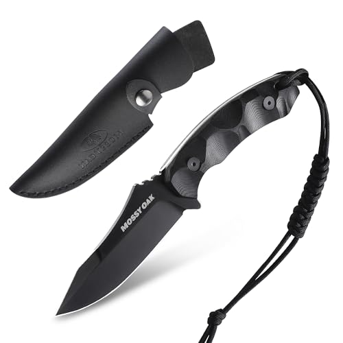 Image of Mossy Oak 9 inch Fixed Blade Hunting Knife with Sheath - Black | 14C28N Full Tang; G10 Handle; Outdoor Knife for Survival, Camping, Hiking
