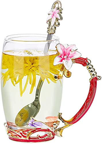 COAWG Tazas de té de cristal esmaltado, taza de café con cuchara hecha a mano, regalo de rosas para mujeres, abuela, madre, profesora, amigos, día de San Valentín, aniversario de boda (Lily) Cover
