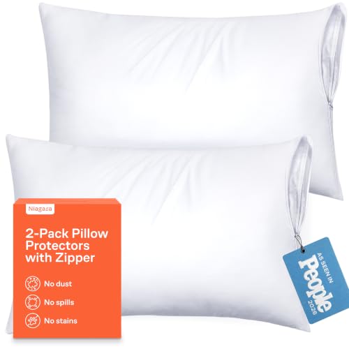 Ultra Soft Pillow Protectors with Zipper Queen Size - Set of 2 Breathable Pillow Covers - 100% Protection Against Stains Dust & Dirt - Machine Washable (White)