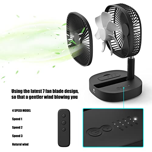 Portable Floor Fan - Foldaway Pedestal Standing Table Fan,8 Inch Telescopic Desk Fans with Remote Control,10000Mah Rechargeable Battery,7 Fan Blades,4 Speeds and Timer ,Quiet for Rooms,Bedroom,Office,Outdoor, Camping - Thumbnail 2