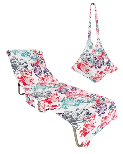 Teal Pink Purple Flowers Beach Lounge Chair Towel Cover, Soft Chaise Lounge Towel with Side Pockets Patio Pool Chairs Cover for Beach/Pool Sunbathing 29x85 Watercolor Spring Floral Botanical