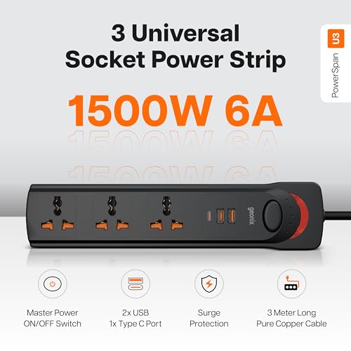 Image of Geonix PowerSpan U3 | Extension Board /Strip, 1500 Watts, 6 Amps, 1x Type C Port, 3X Universal Socket, 2X USB Port, LED Indicator, On /Off Switch, Wall Mountable, 3mtr Long Pure Copper Cable (Black)