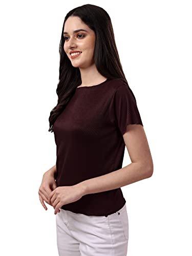 Image of Pujia Mills Women's Casual Round Neck Lycra Short Sleeve Plain Burgundy Regular Fit Top. (PC Regular Fit Tops 33)