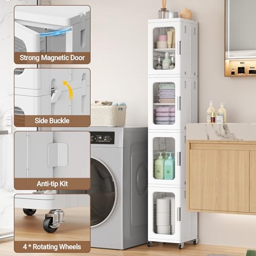 Image of BROVIEW 3-Tier Tall Narrow Storage Cabinet Organizer, Slim Bathroom Cabinets with Adjustable Shelves and Doors, Plastic Kitchen Pantry Organizers and Storages for Small Space, Laundry, White