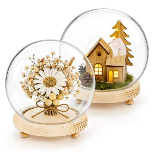 Pumtus 2 Pack Clear Glass Dome Cloche, 6 Inch Decorative Display Bell Jar with Wooden Base, DIY Snow Case Memory Showcase for Flower Tabletop Centerpiece Home Christmas Party Decoration