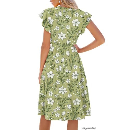 Image of Womens Summer Dress Ruffle Sleeve V Neck Dress Casual Fit Flowy Beach Vacation Sundress with Pocket S-2XL