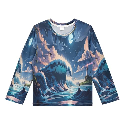 DOMIKING Ocean Lighthouse Blue Boys Long Sleeve Rashguard Shirt Kids Quick Dry Swim Shirt for Kids Toddler 11-12T