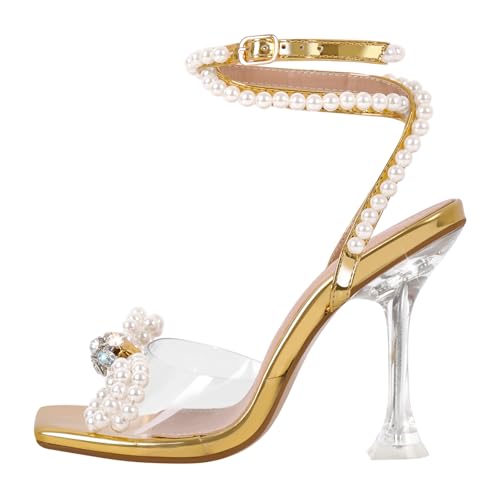 Image of Yolkomo Women's Square Toe Clear Heels Sexy Rhinestone Bow Heels Open Toe Ankle Strap Stiletto High Heel Sandals