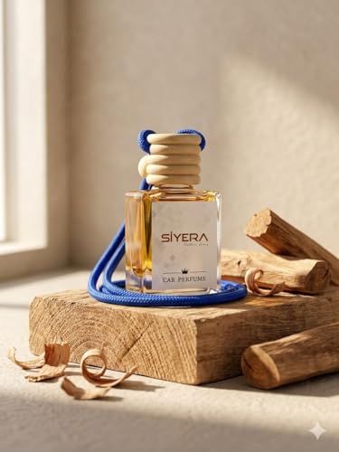 Image of SiYERA Hanging Car Perfume with Essential Oils | Car Air Freshener 10ml | Long-Lasting Aroma in Glass Bottle with Wooden Diffuser Lid (Sandalwood)