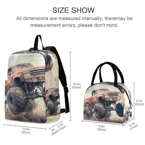 Backpack Lunch Bag Set Vintage Monster Truck Print, Big Storage Travel Backpacks with Insulated Lunch Box for Office Hiking Picnic2
