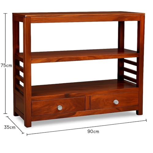 Image of Solid Sheesham Wood Console Table with 2 Storage Drawers, 3 Shelves, Mission Style Bookshelf.