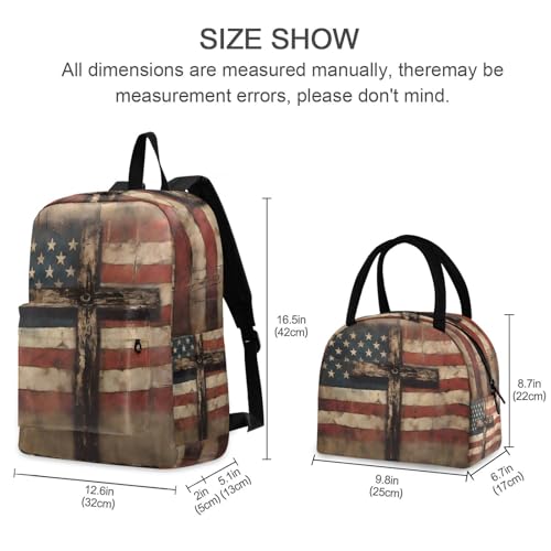 Backpack Lunch Bag Set Crossbody American Flag Print, Big Storage Travel Backpacks with Insulated Lunch Box for Office Hiking Picnic2