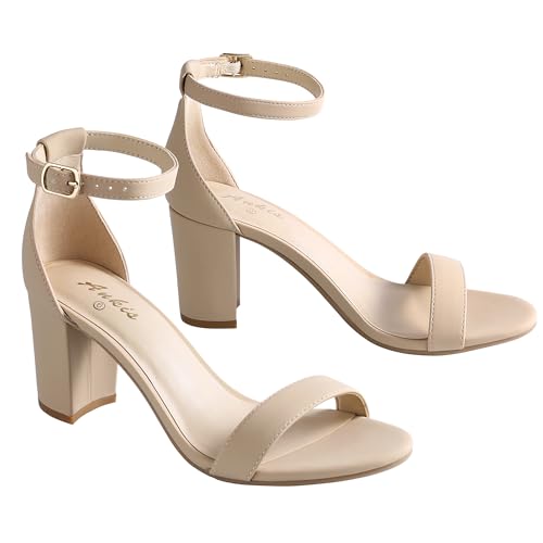 Ankis Nude Heels for Women - Open Toe Ankle Strap Chunky Heel Pump Sandals Party Wedding Strappy Buckle Sandals 2.75 Inches