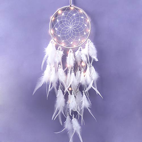 Bohemian Dekoration, Dsaren Led Traumfänger Mädchen Handgefertigt Dreamcatcher Spitze Traumfänger Federn Weiß für Gute Träume Wandbehang Auto Raum Mädchen Kreatives Geschenk (Lila)
