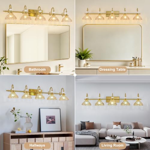 Image of Vintage Bathroom Vanity Light, 5-Light Brushed Gold Finish Wall Sconce with Hanging Crystal Accents and Flower-Shaped Amber Glass Shades, Retro Wall Mount Vanity Light Over Mirror for Bathroom