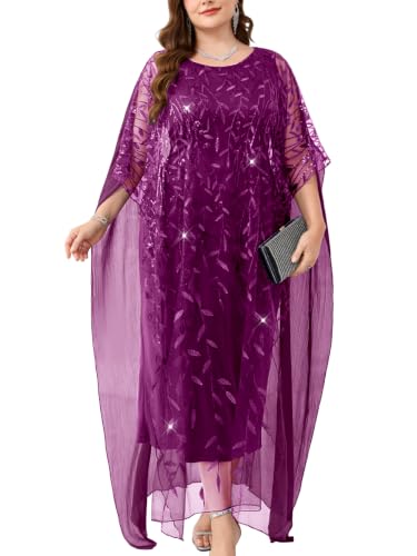 Image of Plus Size Sparkly Formal Evening Gown Sequin Cape Overlay Mother of Bride Dress Wedding Guest Cocktail Party