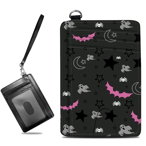 Image of Small Travel Wallets, Gothic Skull Moon Stars Bat Slim Minimalist Front Pocket Wallet with Wristlet, RFID Blocking PU Leather Credit Card Holder with ID Window Change Purse for Men Women
