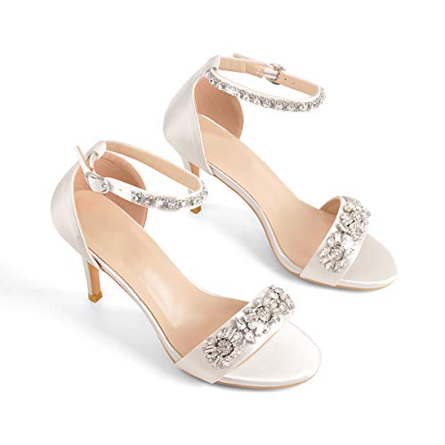 LISHAN Women\'s Satin Bridal Rhinestone Ankle Buckle Strappy Sandals Jewel Embellished Mid Kitten Heel Party Wedding Dress Shoes White Size 5 - Thumbnail 3