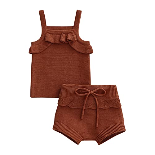 Newborn Infant Baby Girl Clothes Set Ruffle Knitted Sleeveless Top Solid Drawstring Shorts 2Pcs Summer Outfits (Brown Suit,6-9 Months)