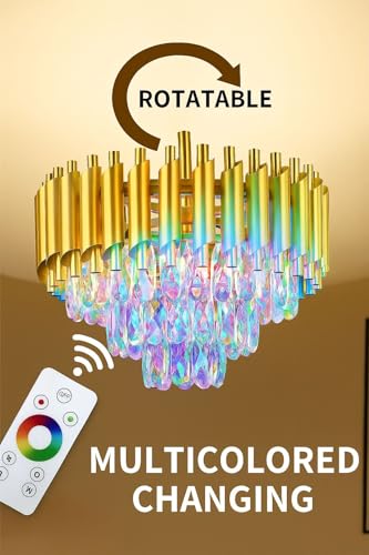 Image of Modern Ceiling Lamp 3-Tier Round Crystal Chandelier for Living Room | Bluetooth Remote Control and Moving Round|Speaker+ Multi Color LED Light (Remote Full Gold, 400MM)
