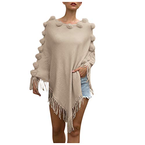 Women Poncho Sweater Crewneck Shawl Fringed Capes with Pompom Tassel Elegant Loose Pullover Tops Khaki