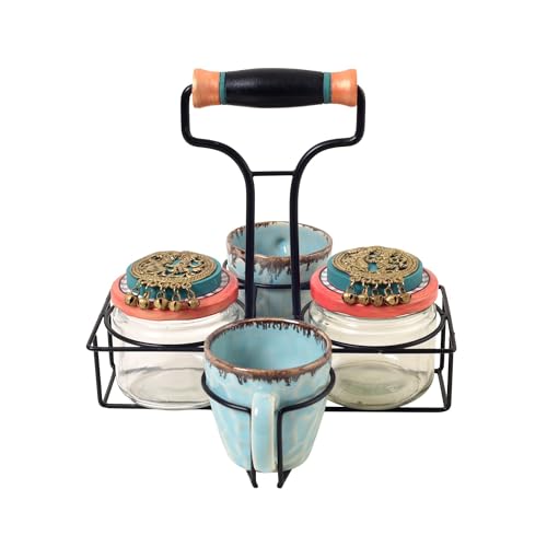 Image of AAKRITI ART CREATIONS Elegance Duo Cup & Snack Jar Set with Iron Tray | Handcrafted Abstract Art Storage Jars | Kitchen Decoration Items Stylish Tray & Jars | Kitchen Containers with Metal Tray