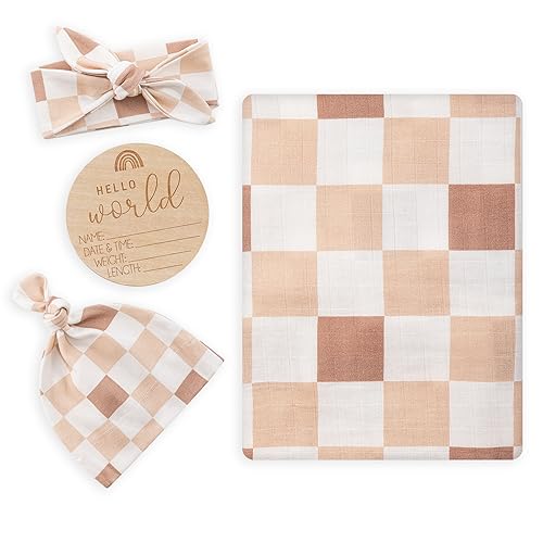 Image of BabyWhale Muslin Swaddle Blanket with Hat and Headband Bow, Checkered Pattern Swaddle Set for Baby Boys ＆ Girls, Unisex Newborn Soft Receiving Swaddle Wrap, 47x47 inches