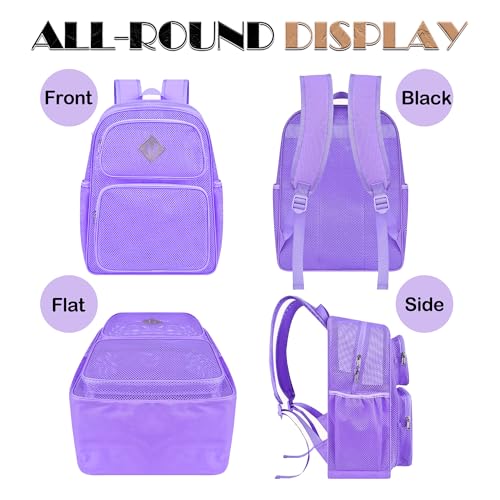Mesh Backpack for School, Heavy Duty See Through Net Bookbag for Girls Boys Kids, 27L Large Capacity Mesh Bookbag for Beach Work Sports Travel with Padded Strap(Purple)3