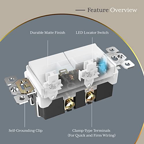 Enerlites Rêve Collection Lighted Double Switch, Combination Decorator Switch With Locator Light, Matte Finish, Ground Terminal, Single Pole, Residential Grade, 15A 120V, Ul Listed, Rl62834-W, White #TOP3