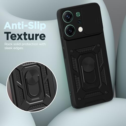 Image of Pikkme Back Cover for Oppo Reno 14 5G | Sliding Camera Shield with Ring Stand | D10 Full Camera Protection Bumper Case (Black)